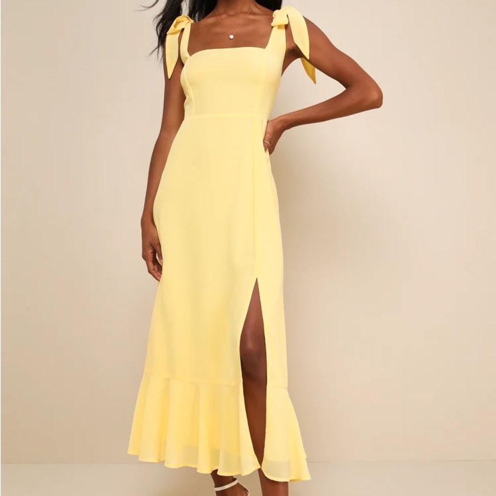 Lulu's Yellow Tie-Shoulder Midi Dress with Side Slit